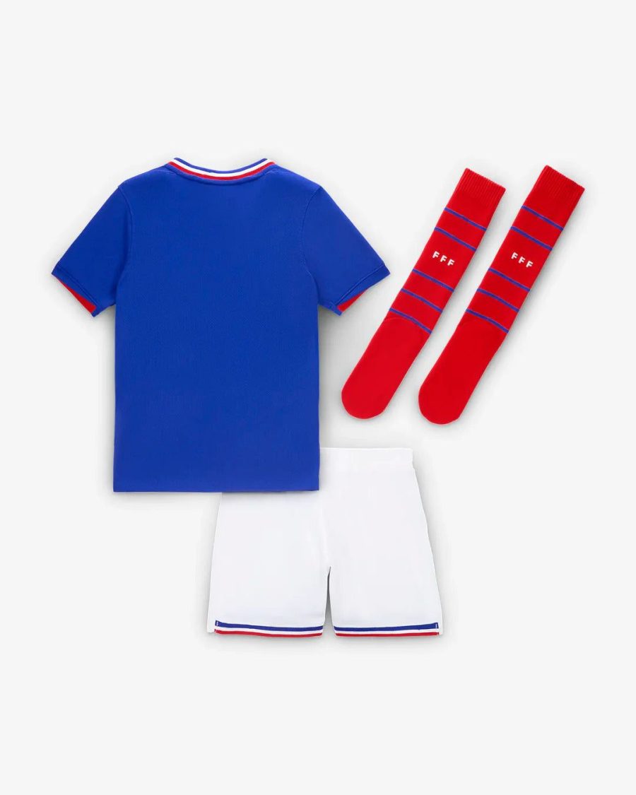 maillot-equipe-de-france-enfant-domicile-saison-deux-mille-vingt-quatre-tenue-officielle Børnetrøje Frankrigs landshold hjemmebane sæson to tusind fireogtyve officiel dragt