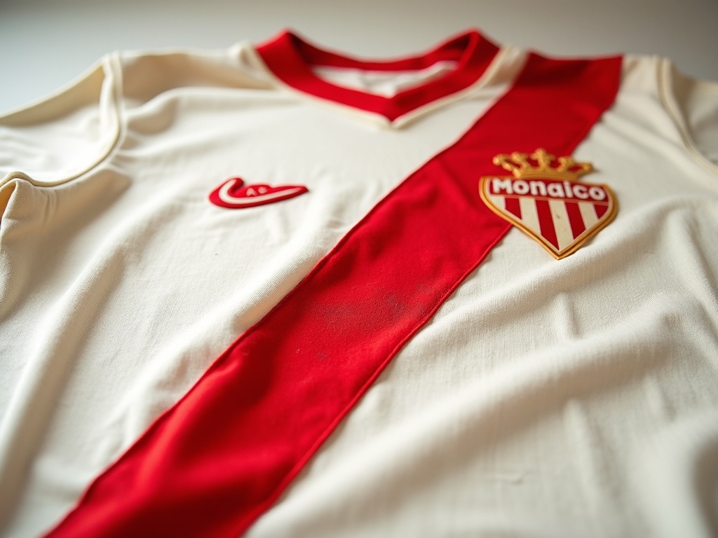 Historisk AS Monaco trøje fra 1960'erne med ikonisk rød diagonal stribe