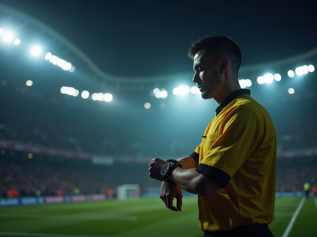 Dommer, der konsulterer sit ur under en professionel fodboldkamp