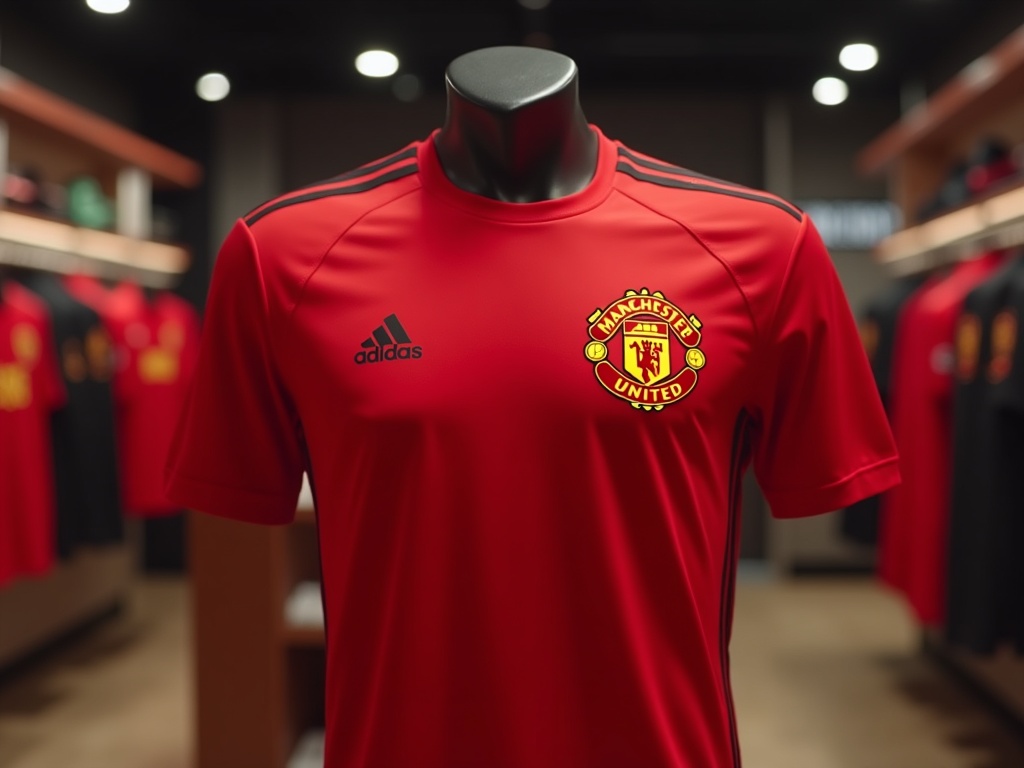 Rød Manchester United-fodboldtrøje på mannequin i officiel butik