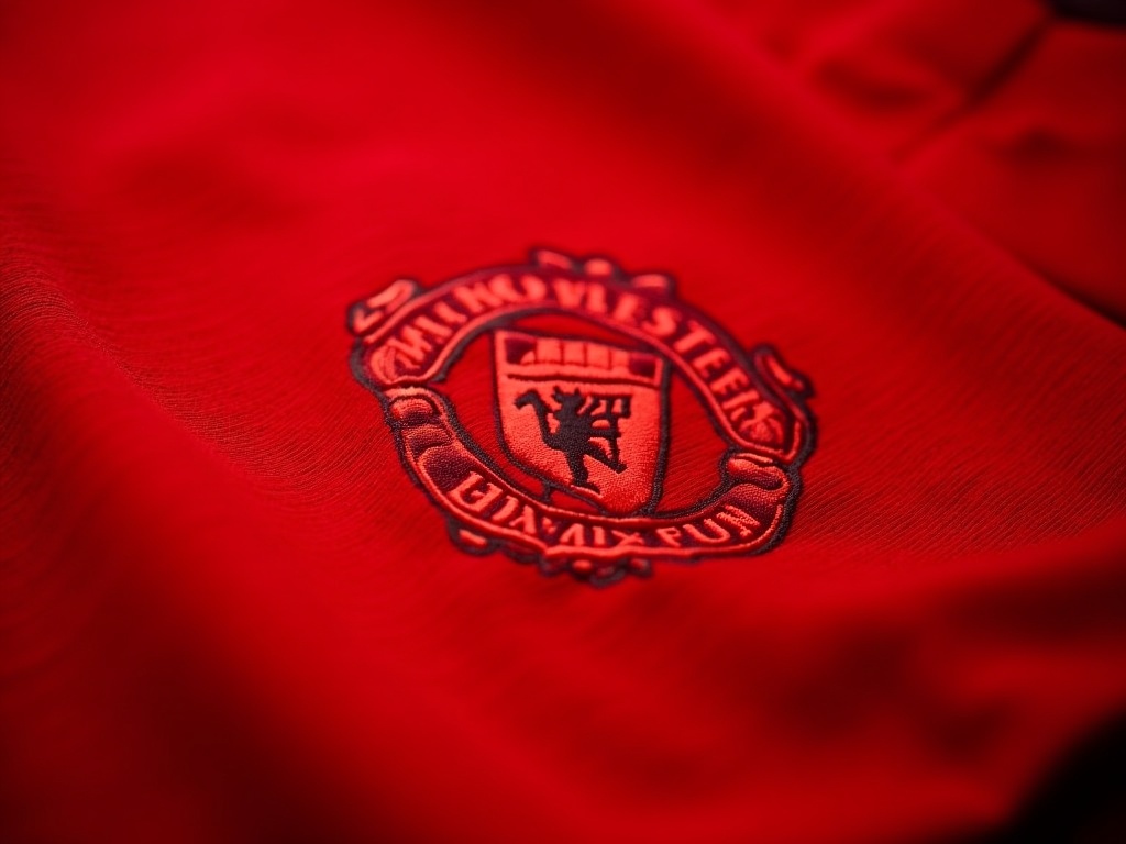 Nærbillede af stof og broderet logo på en officiel Manchester United-fodboldtrøje