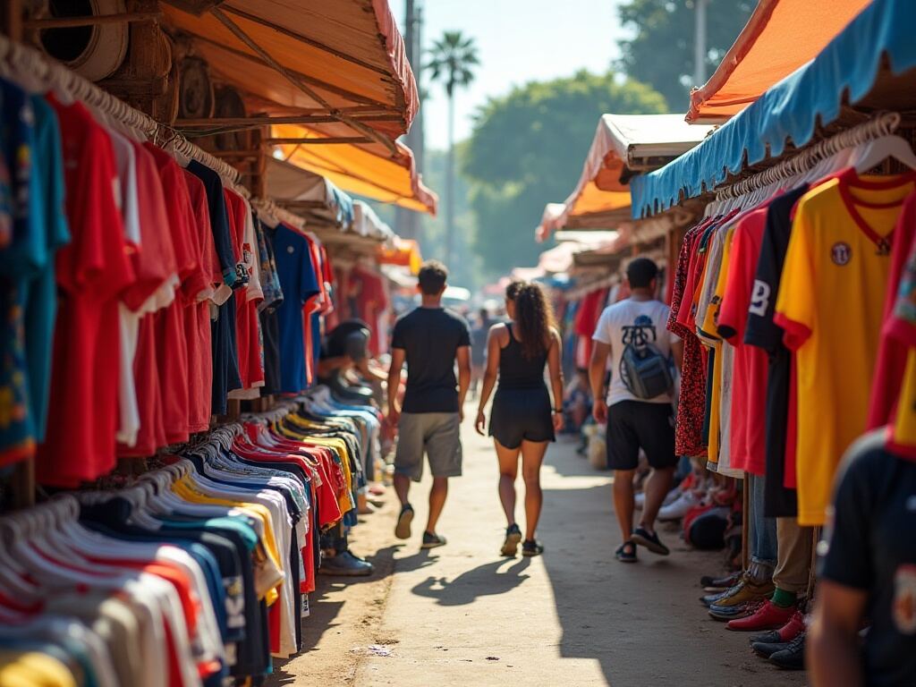 Stand de marché avec des fodboldtrøjer de foot d'occasion accrochés sur des tringles