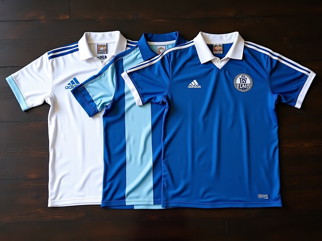 Tre OM-vintagetrøjer fra forskellige epoker side om side: Adidas 90s, blå udebane, Puma 2000s
