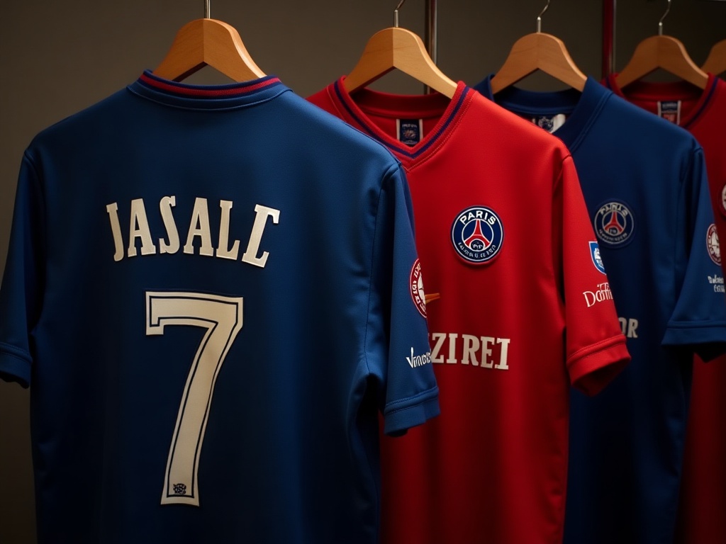 Samling af vintage PSG-trøjer med spillerprint, hængt på træbøjler
