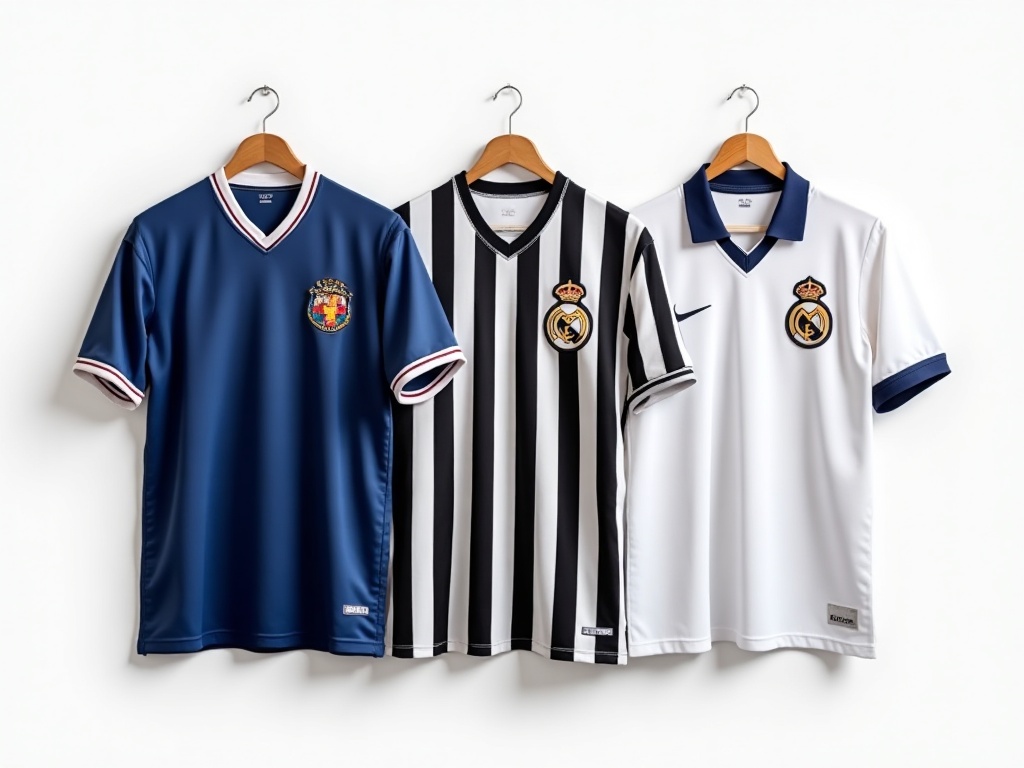 Samling af ikoniske fodboldtrøjer fra 1990-2000, herunder Frankrig-, Juventus- og Real Madrid-trøjer