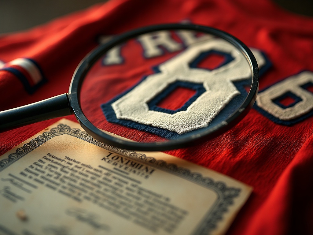 Detalje af et mærke og et tryk på en vintage-fodboldtrøje til autentificering
