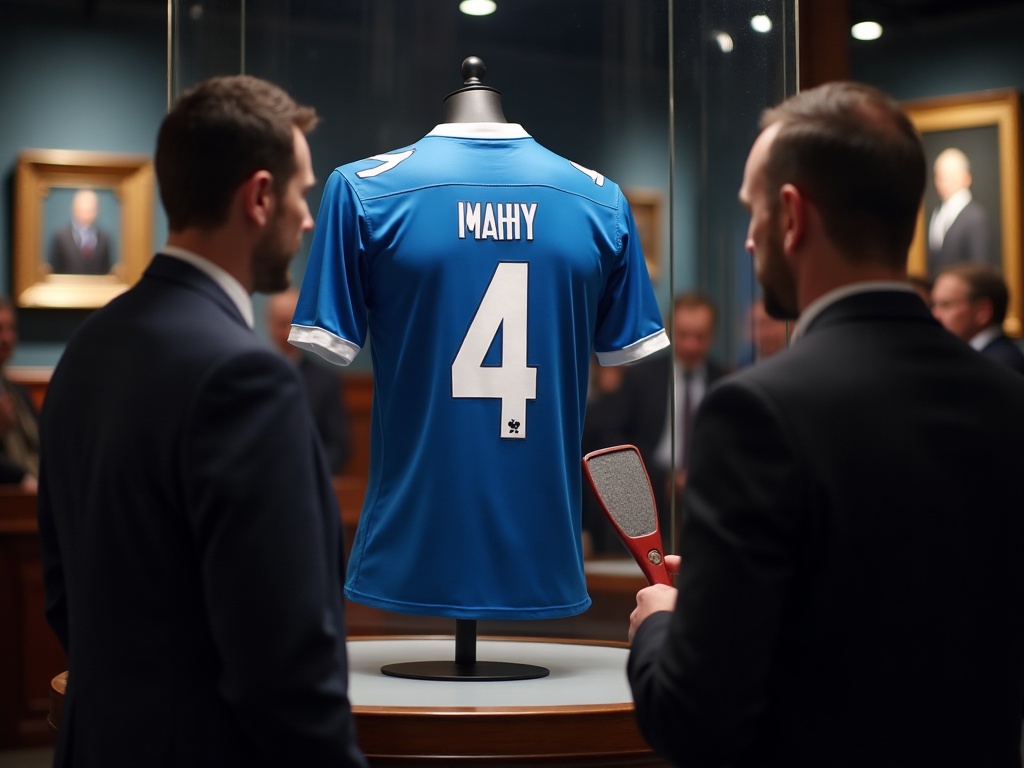 Fodboldtrøje under glas ved en auktion over sportsmemorabilia