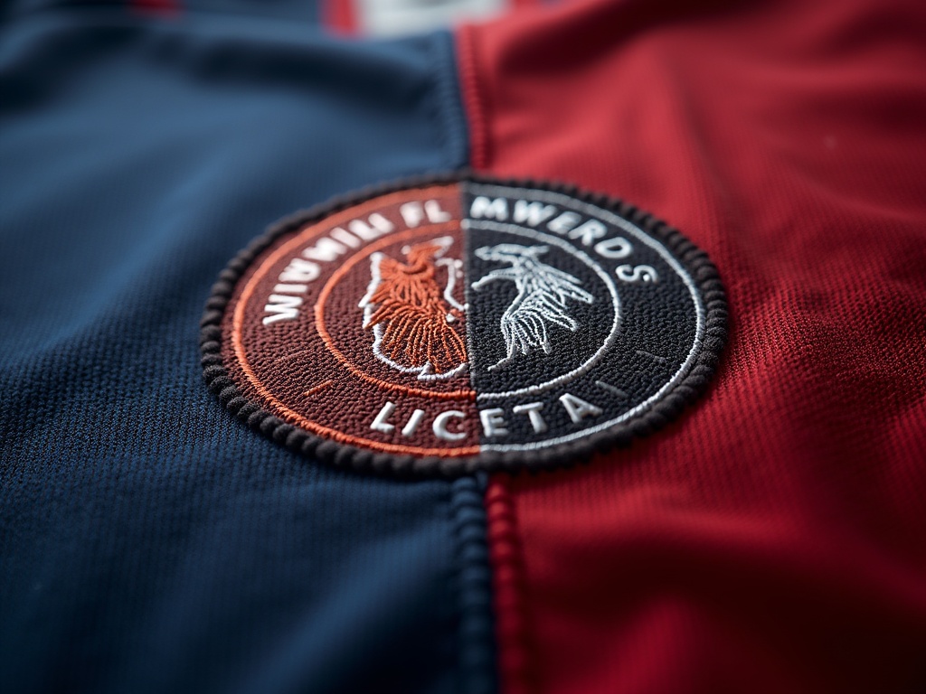 Detalje af broderet emblem på officiel fodboldtrøje versus thai-trøje
