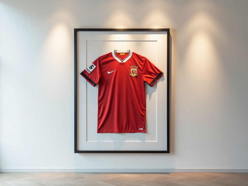 Fodboldtrøje de foot encadré sous verre UV dans une galerie de collection
