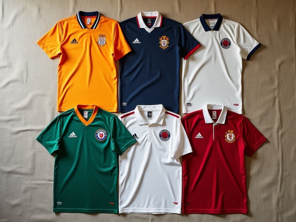 Collection de fodboldtrøjer de foot vintage et éditions limitées posés à plat