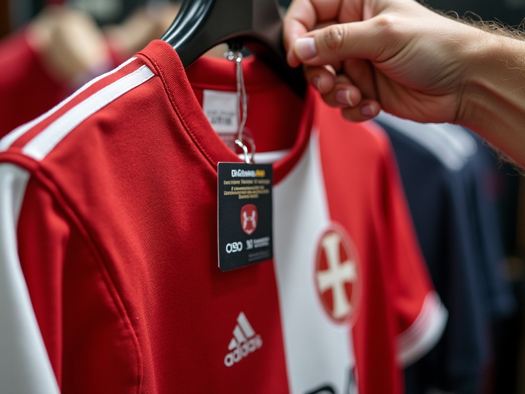 Autentificeringsetiket på en officiel fodboldtrøje på udsalg