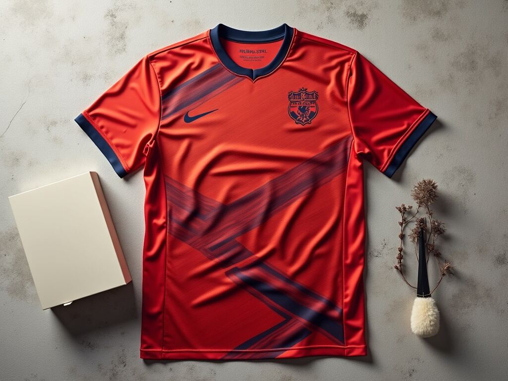 Maillot de foot concept édition limitée présenté avec son packaging sur fond texturé