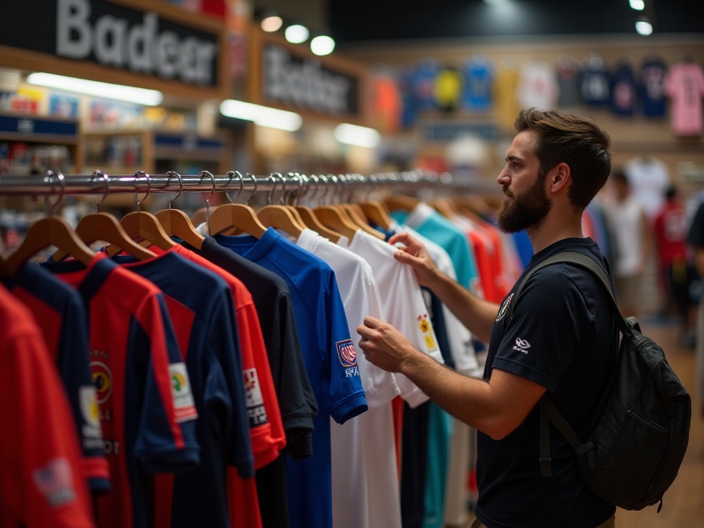 Reol med fodboldtrøjer i en sportsbutik med forskellige klubber