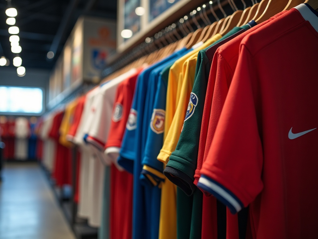 Rack af fodboldtrøjer fra forskellige klubber i en butik