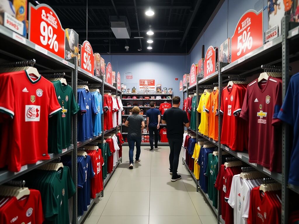 Butik med fodboldtrøjer under udsalg med farverige hylder