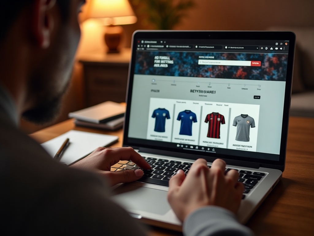 Fodboldfan, der forbereder sine indkøb af trøjer under onlineudsalg