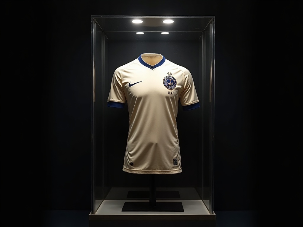 Fodboldtrøje match worn udstillet i en samlervitrine med synlige brugsspor