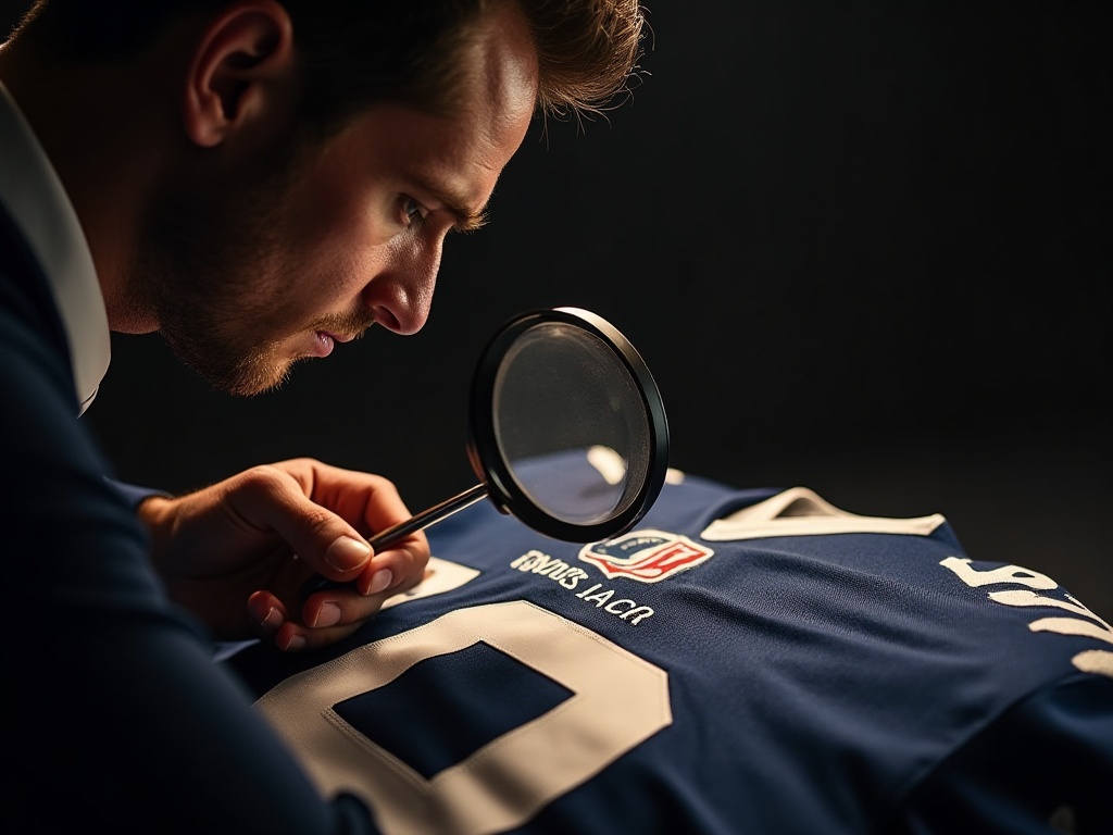 Expert i memorabilia undersøger en match worn fodboldtrøje for autentificering