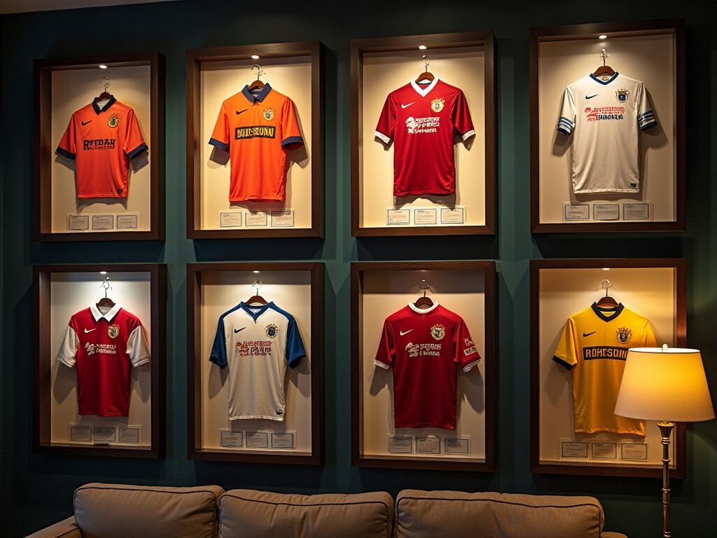 Samling af match worn fodboldtrøjer indrammet under UV-glas i et moderne samlerum