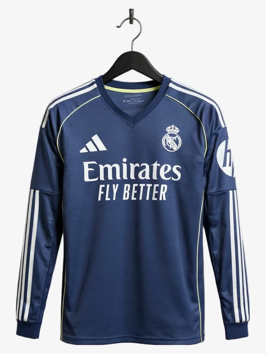 maillot-real-madrid-exterieur-manches-longues-2025-2026 studio v12 Fodboldtrøje Real Madrid Udebanetrøje Langærmer 2025-2026