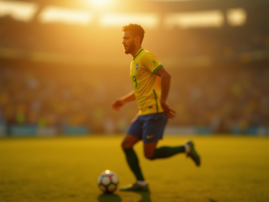 Joueur brésilien portant le maillot jaune Brasilien 2026 numéro 7 en plein dribble