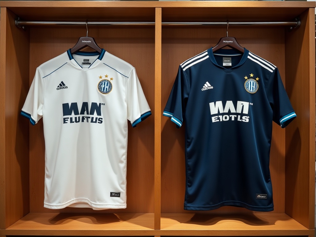 Hvid hjemmebanetrøje og mørkeblå udebanetrøje OM 2026-2027 side om side