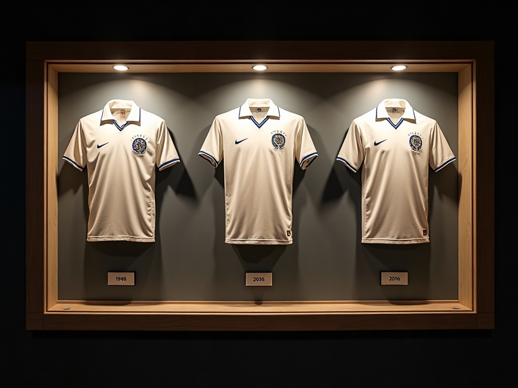 Samling af historiske Olympique de Marseille-trøjer indrammet