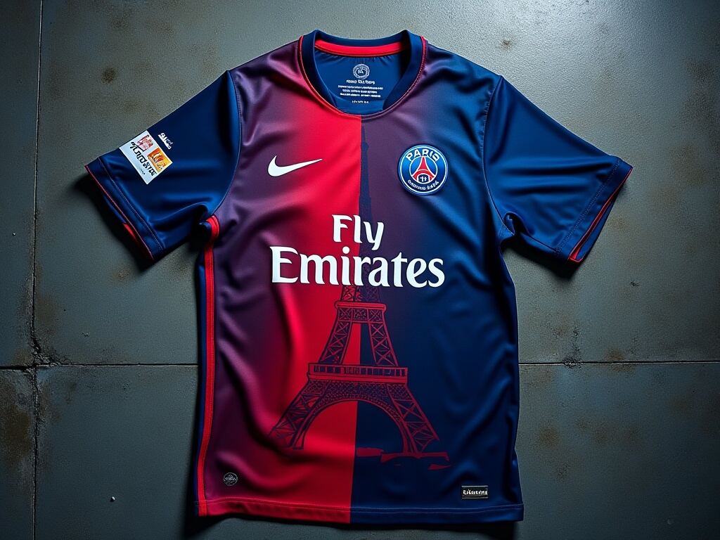 Officiel PSG-trøje liggende fladt på en betonoverflade