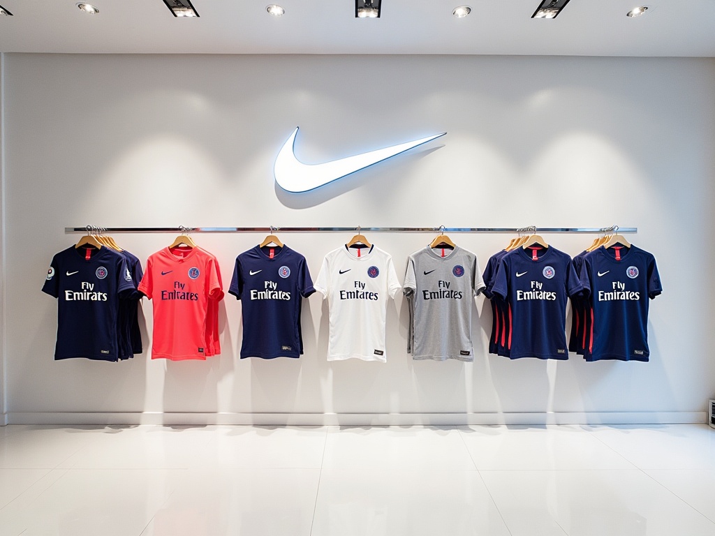 Væg med PSG-trøjer i officiel Nike-butik