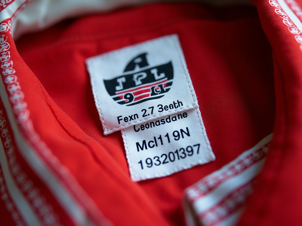 Indvendigt mærke på en vintage fodboldtrøje fra 1990'erne, der viser produktionsoprindelse