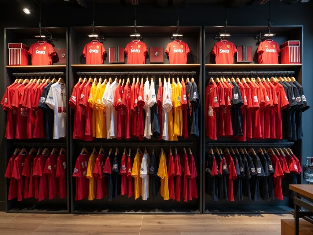 Fodboldtrøjer til voksne udstillet i en officiel butik i 2026