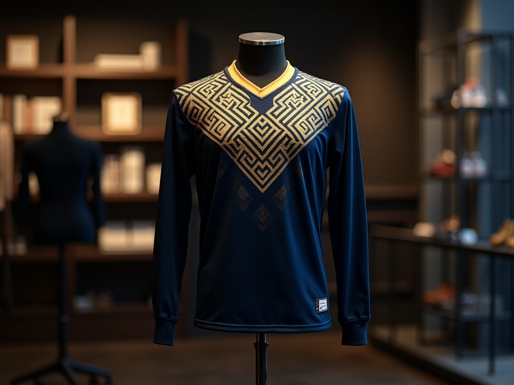 Målmandstrøje i limited edition med geometrisk blå og guld mønster på mannequin i butik