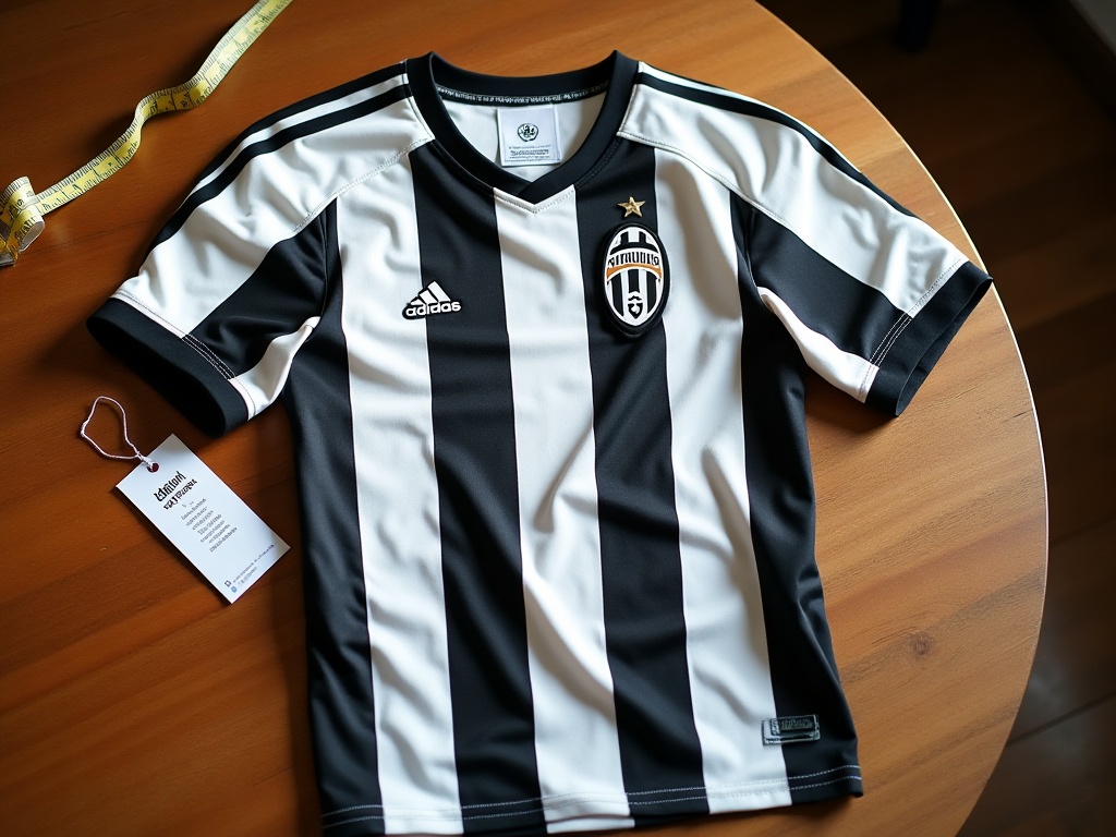 Juventus-trøje lagt fladt med prisskilt på træbord