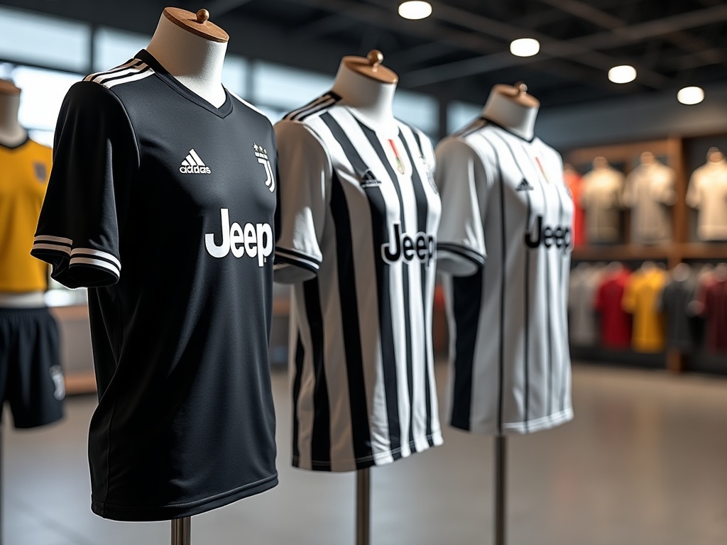 Tre Juventus-trøjer hjemmebane udebane og tredje stillet op
