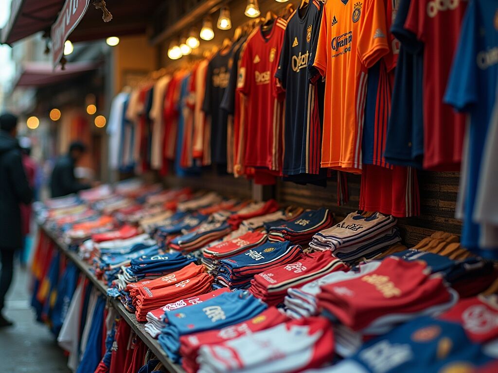 Gademarked med fodboldtrøjer fra Adidas til salg, heraf potentielle kopivarer