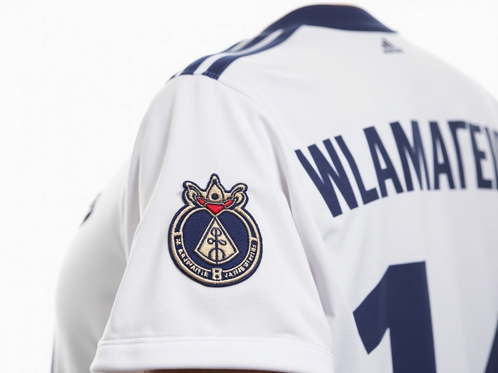 Detalje af broderet mærke og navn/nummer på en officiel Adidas-fodboldtrøje