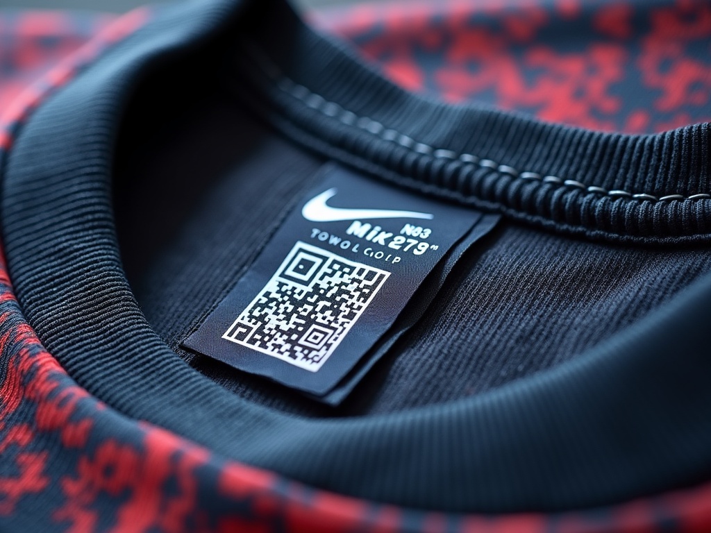 Indvendig mærkat på en ægte Nike-trøje med QR-kode og sammensætning