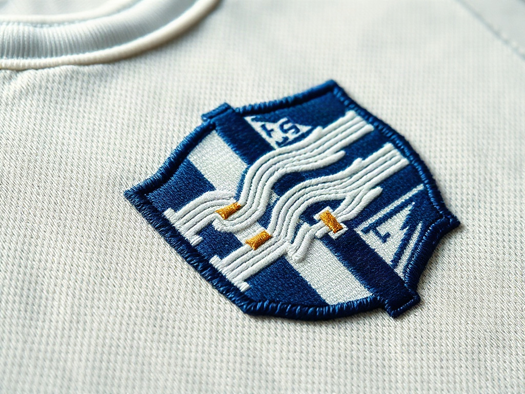 Nærbillede af broderet AGF-crest på jubilæumstrøje 2026 i tung bomuldsikke