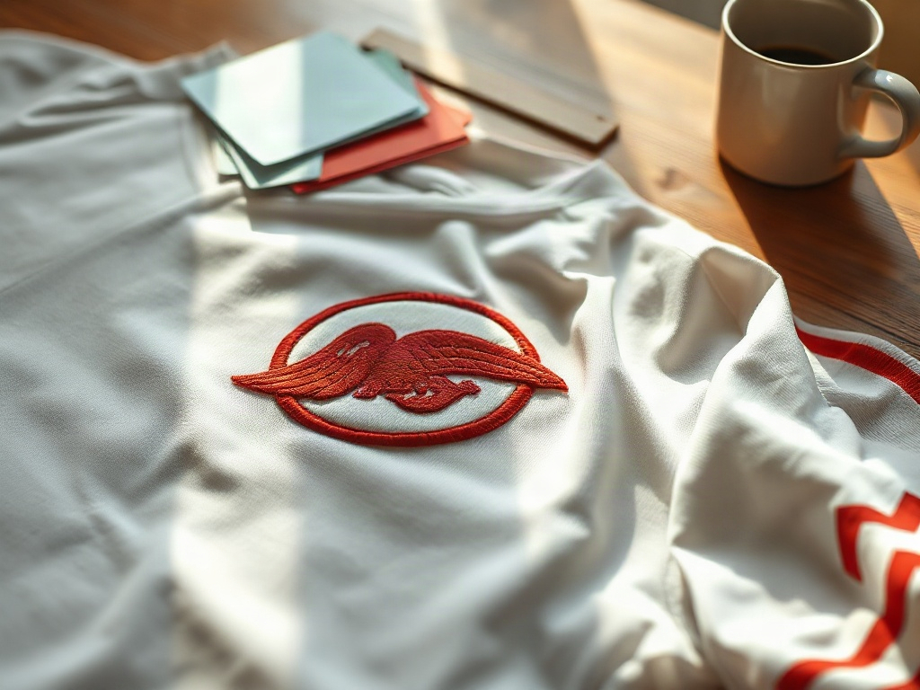 Nærbillede af broderet DBU-crest på Danmarks hvide EM 1992 Hummel-trøje