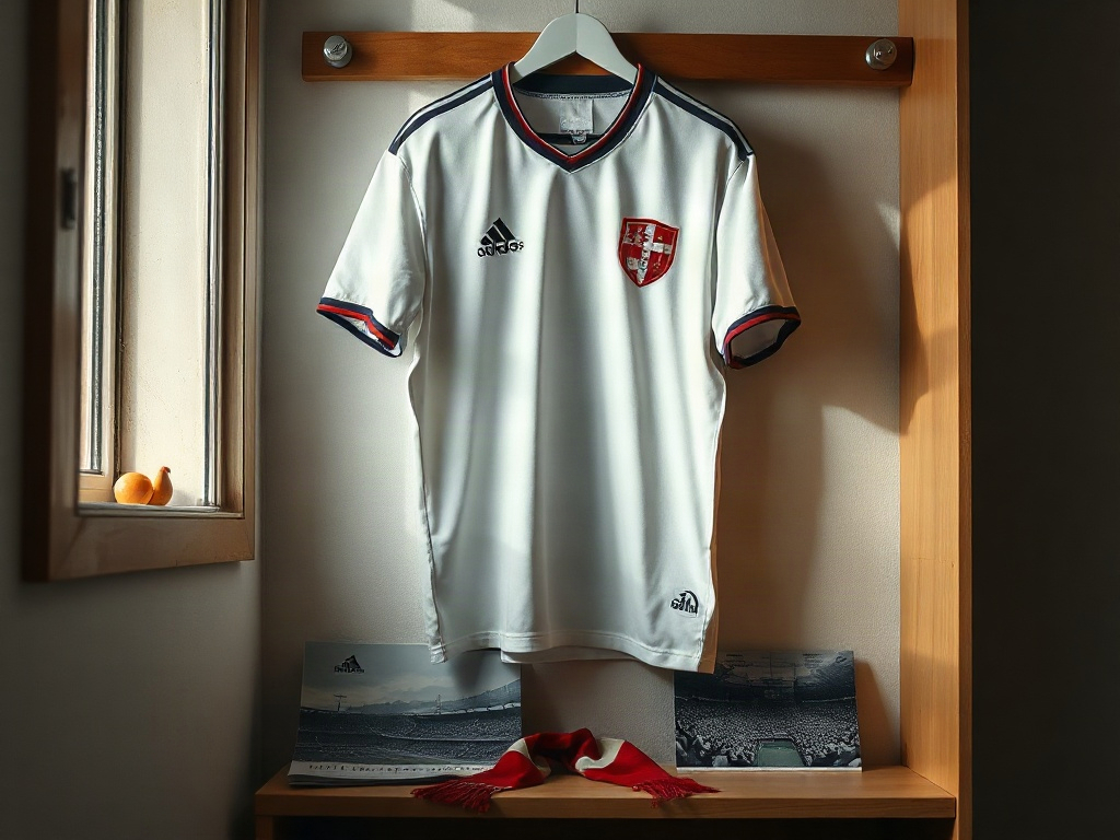 Danmarks EM 1992 Hummel-trøje hængende på en træstang med matchprogrammet fra Sverige
