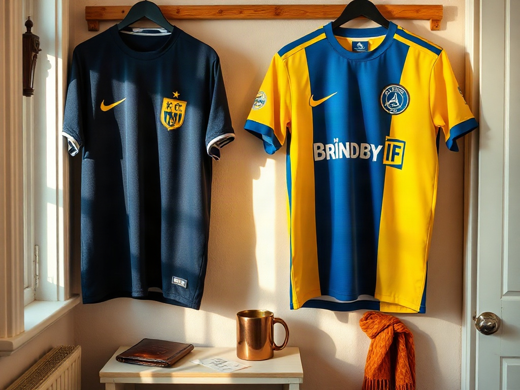 FC København og Brøndby IF trøjer hænger side om side i naturligt lys med broderede mærker synlige