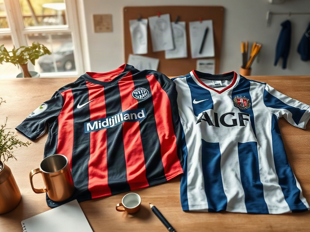 FC Midtjylland og AGF trøjer på et designbord med farveskalaer og skitser i naturligt morgenlys