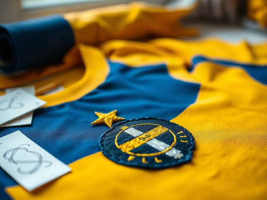 Nærbillede af broderet gul stjerne over Brøndby IFs skjold på en gul-og-blå fodboldtrøje