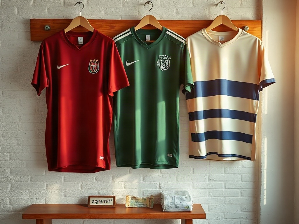 Tre vintage fodboldtrøjer hænger på en træstang i blødt morgenlys, inklusiv en signeret rød trøje med broderet crest