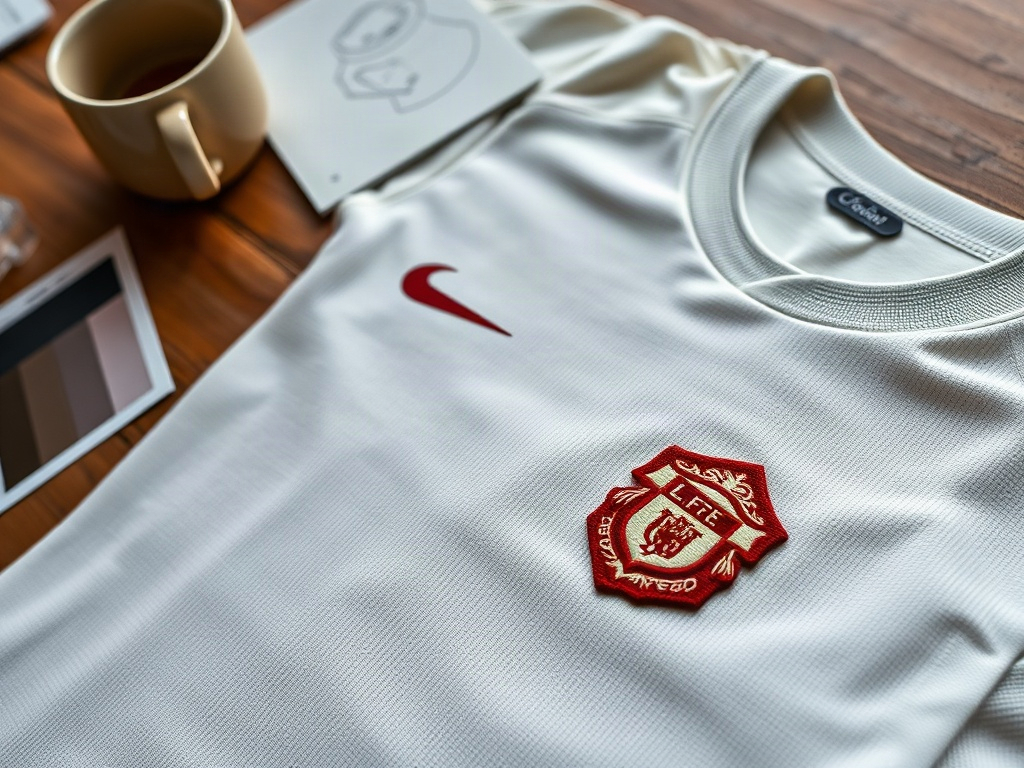 Konceptfodboldtrøje på et designbord med broderet crest og farveprøver i naturligt lys
