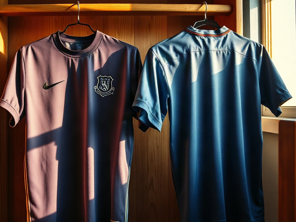 Officiel replika-trøje og pro player-version hængende side om side på en trætræstang i et omklædningsrum