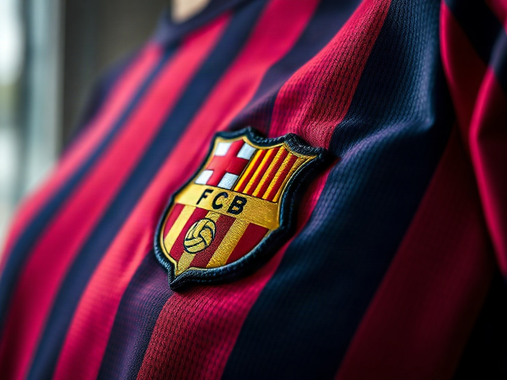 Nærbillede af broderet FC Barcelona-skjold på en Yamal-trøje med synlige tråddetaljer