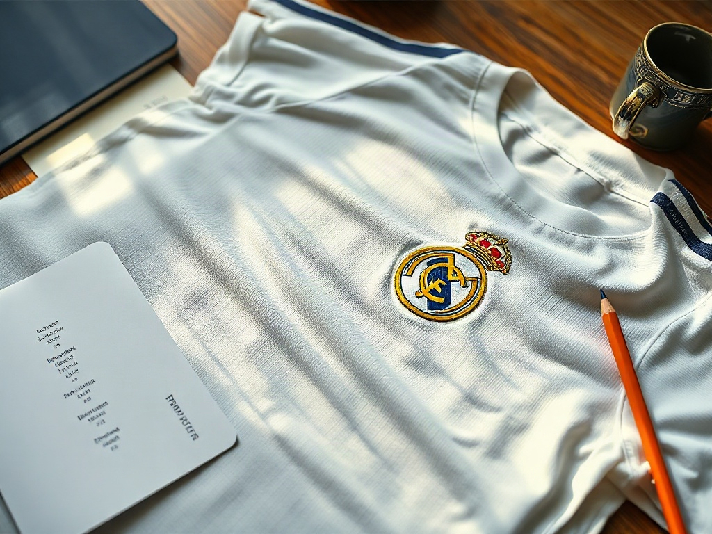 Nærbillede af en Real Madrid fodboldtrøje med broderet crest på et designbord med farveskalaer og skitser