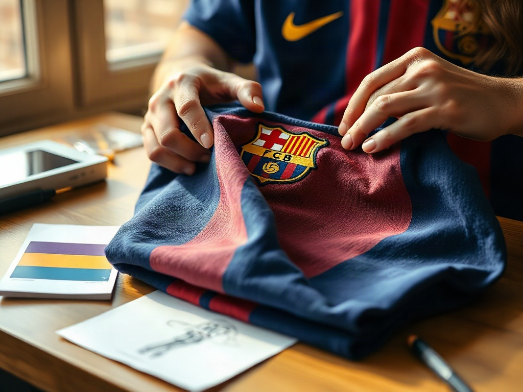 Nærbillede af hænder der folder en vintage Barcelona fodboldtrøje med broderet klubmærke i morgenlys