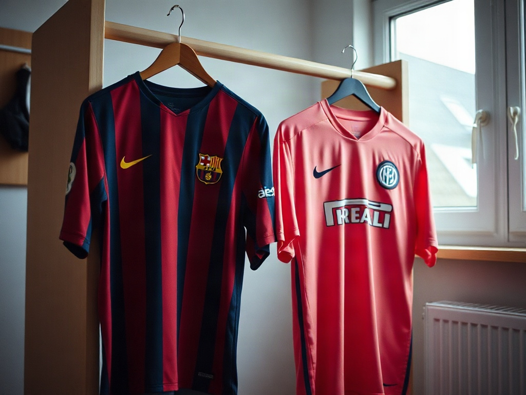 Barcelona-trøje og Inter Miami trøje hænger side om side på en træbøjle i et omklædningsrum